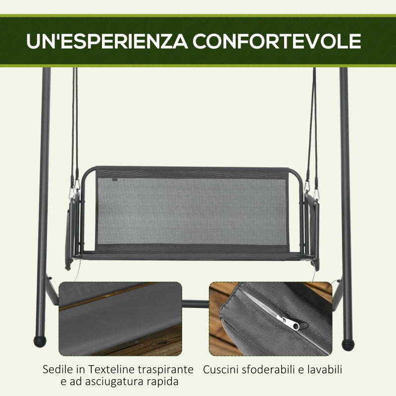 Outsunny Dondolo da Giardino 2 Posti con Cuscini e Tasche, in Acciaio e Textilene, 168x117x181 cm, Grigio Scuro