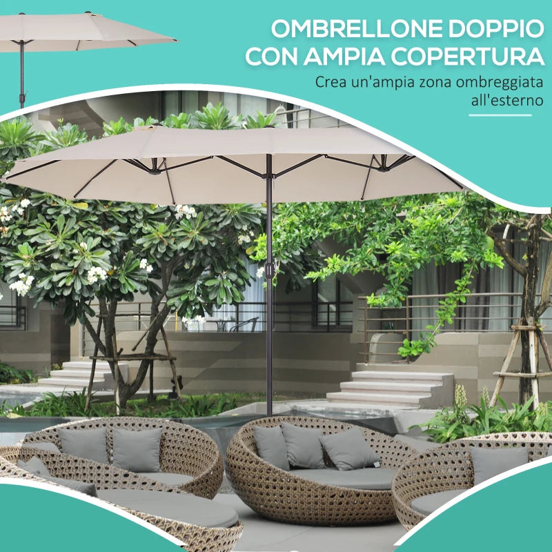 Outsunny Ombrellone Doppio da Giardino 4.6x2.7 m a 12 Stecche con Prese d'Aria e Manovella, Ombrellone per Esterni in Acciaio e Poliestere, Anti UV, Beige