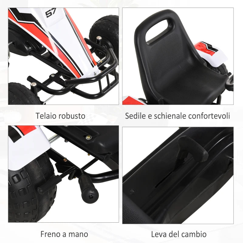 HOMCOM Go-Kart a Pedali Bianco per Bambini 3-6 Anni con Sedile Regolabile, Ruote in Plastica, Freno a Mano e Cambio