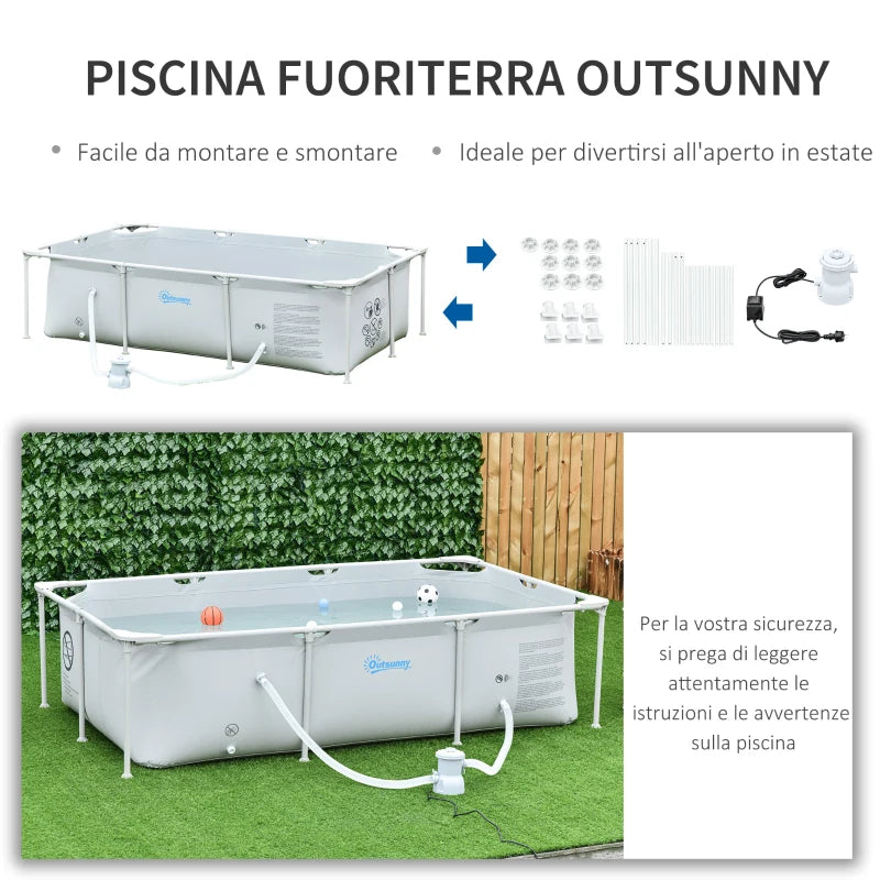 Outsunny Piscina Fuori Terra Autoportante, Piscina Rigida Rettangolare con Filtro e Valvola in Acciaio e PVC, Grigio, 252x152x65cm