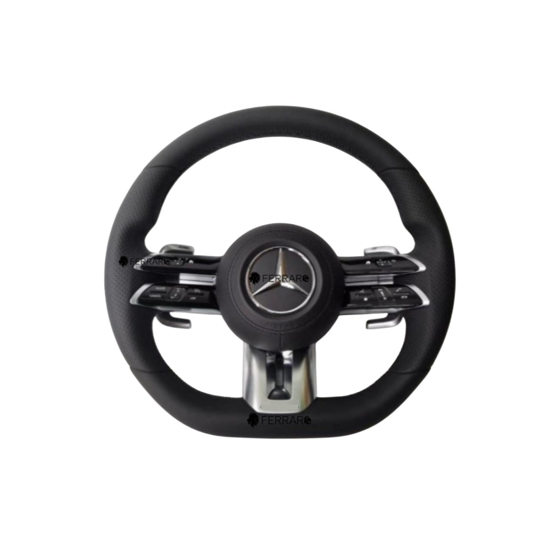 Volante per Mercedes, Nero, Logo Argento, Filo Nero, Foratura