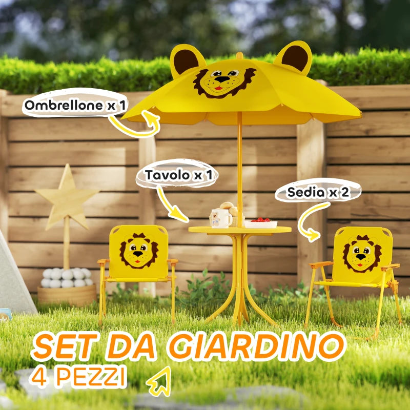 AIYAPLAY Set da Giardino per Bambini 2-5 Anni con Tavolino Rotondo, 2 Sedie Pieghevoli e un Ombrellone, Giallo