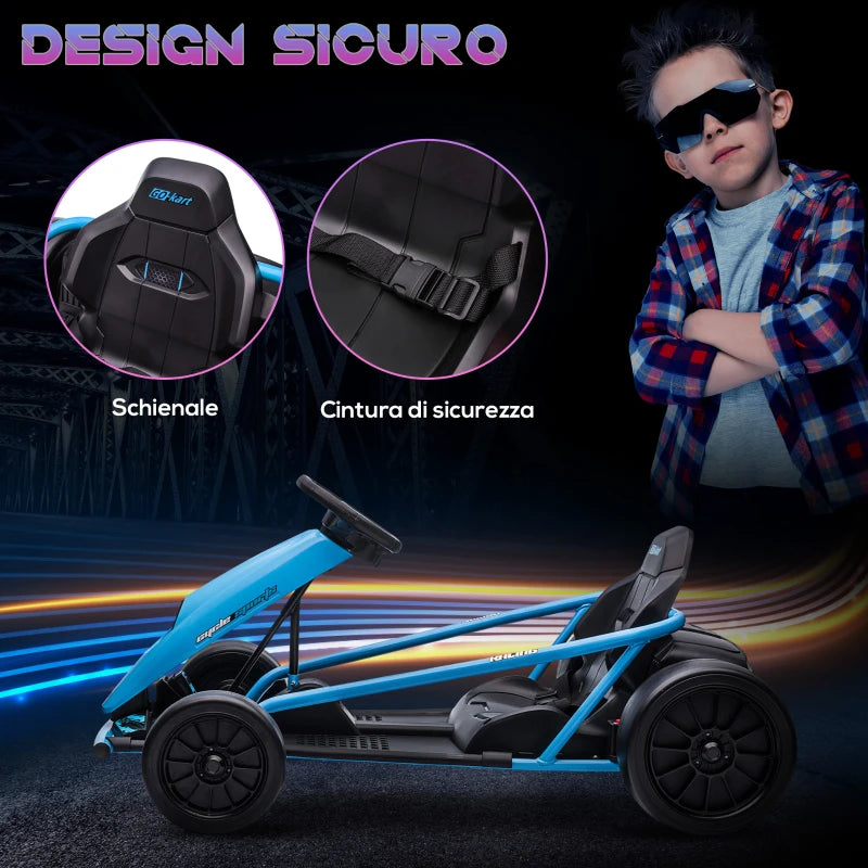 HOMCOM Go-Kart Elettrico per Bambini 8-12 Anni con Schienale Alto e Cintura di Sicurezza, 115x77x54 cm, Blu e Nero