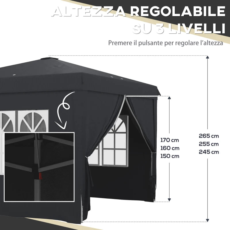 Outsunny Gazebo 3x3 ad Altezza Regolabile con Fori di Drenaggio e Borsa da Trasporto, in Metallo, Grigio