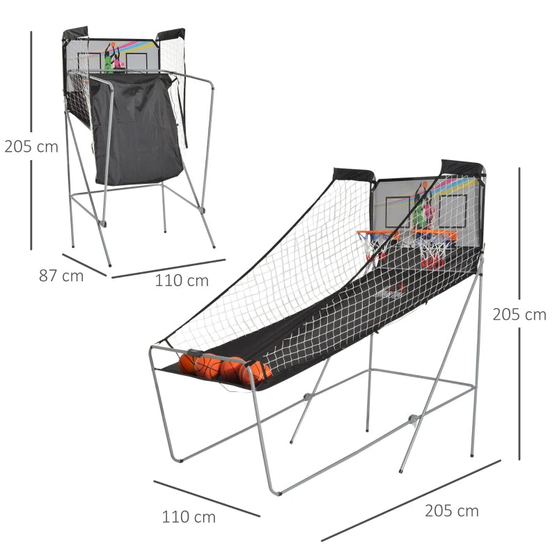 HOMCOM Canestri Basket con Tabellone LED, 4 Palloni e 8 Modalità di Gioco, 205x110x205 cm, Bianco e Nero