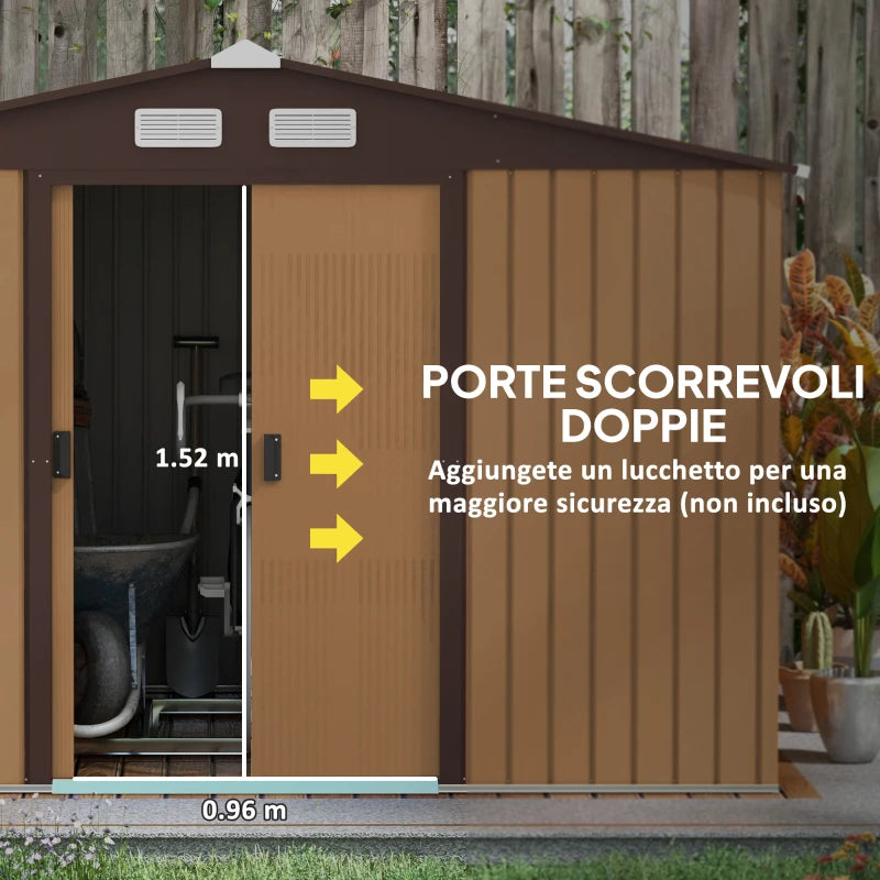 Outsunny Capanno per Attrezzi 4.9m² con Fondazione, 4 Prese d'Aria e 2 Porte Scorrevoli in Acciaio, 277x195x192cm, Giallo