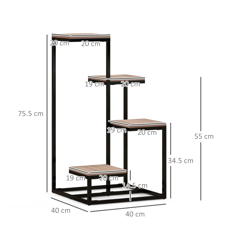 Outsunny Scaffale per Piante a 4 Livelli in Acciaio e Legno, 40x40x75.5 cm, Marrone e Nero