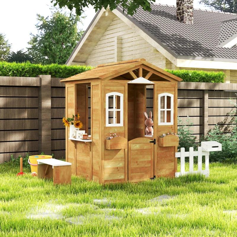 Outsunny Casetta per Bambini in Legno con Finestre, Staccionata e Panca, 205x119x140 cm, Legno Naturale