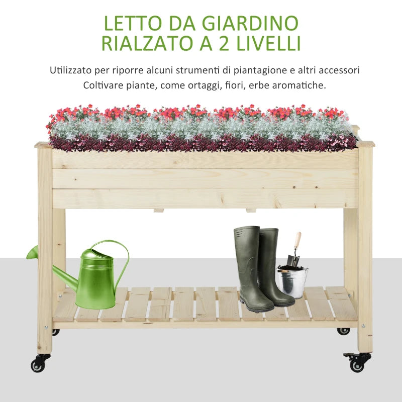 Outsunny Letto per Orto Rialzato in Legno con Rotelle e Ripiano Inferiore, 118x55x83cm, Legno Naturale
