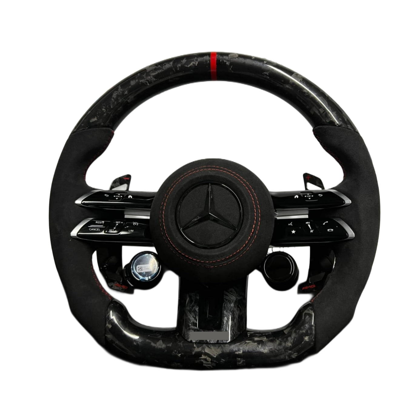 Volante per Mercedes, Carbonio Diagonale, Pelle Scamosciata, Galvanica, Linea Rossa, Pomelli AMG
