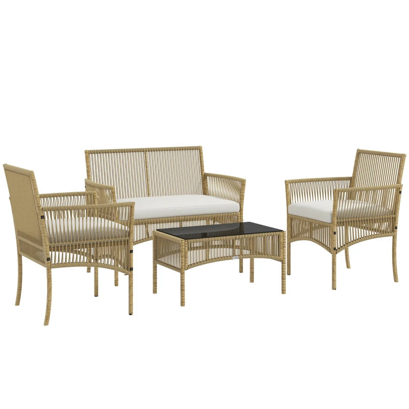Outsunny Set da Giardino in Rattan da 4 Pezzi con 2 Poltroncine, Divano e Tavolino da Caffè, Naturale e Nero