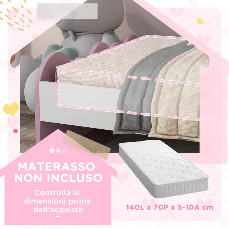 ZONEKIZ Lettino per Bambini 3-6 Anni con Sponde Laterali Anticaduta in MDF, 143x74x66 cm, Bianco e Rosa