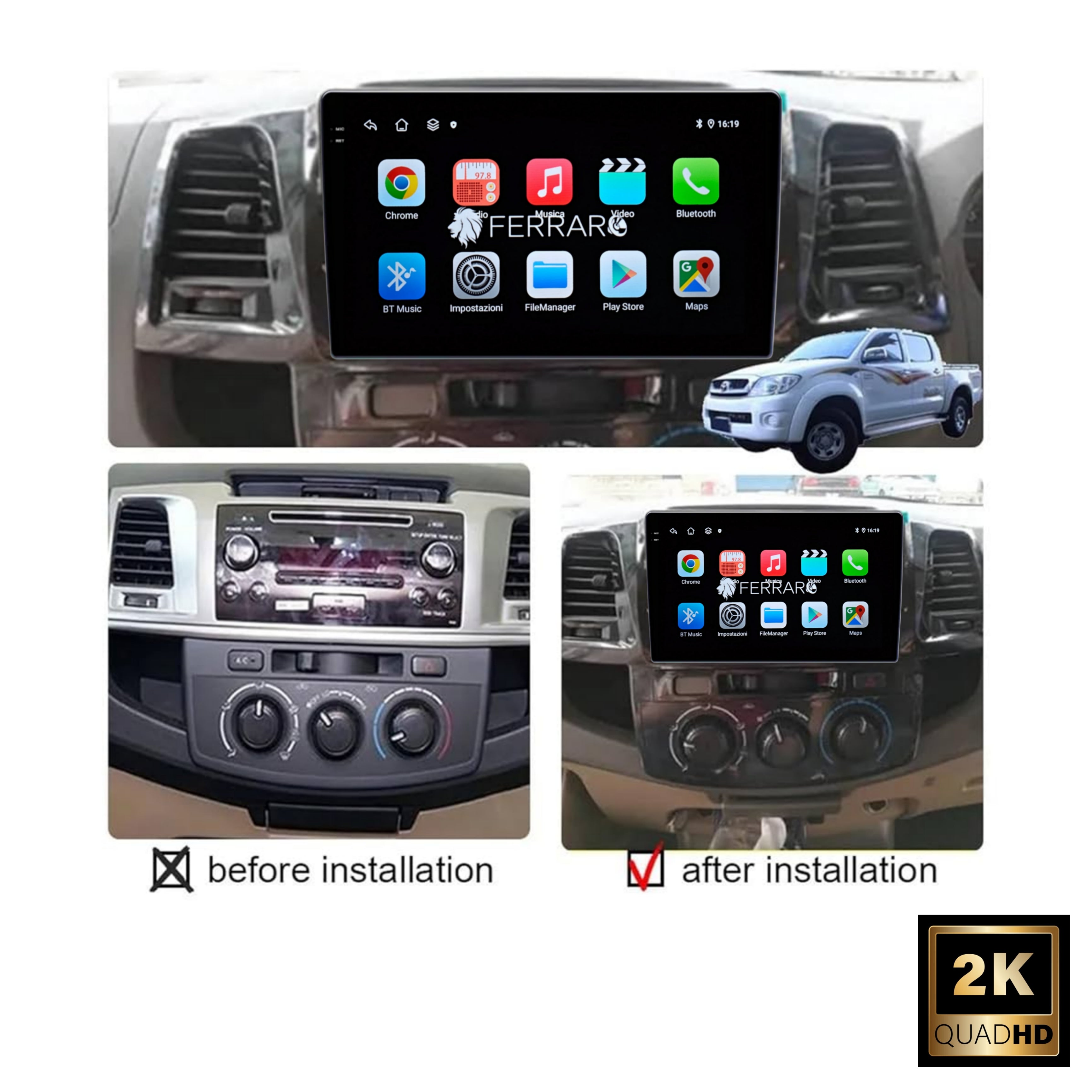 Autoradio per Toyota Fortuner Hilux Revo Vigo 9" 2K | 2007-2015 | Android | Bluetooth | CarPlay | Android Auto | 12/256GB Ram