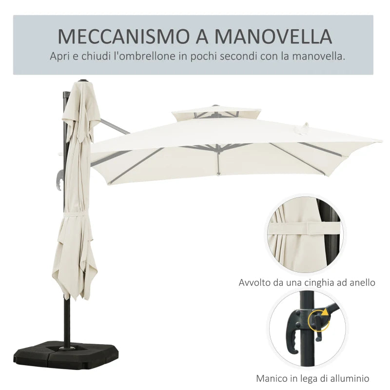Outsunny Ombrellone a Sbalzo a Doppia Copertura con Manovella, Base a Croce e Pesi, 268x268x265 cm, Beige