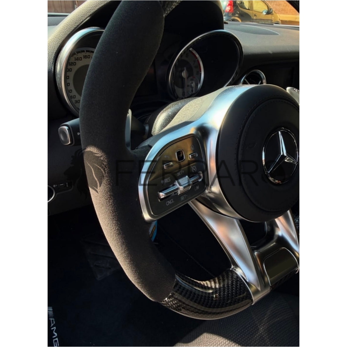 Volante per Mercedes, Carbonio Diagonale, Etichetta Pelle Nera, Filo Nero, Galvanica, AMG