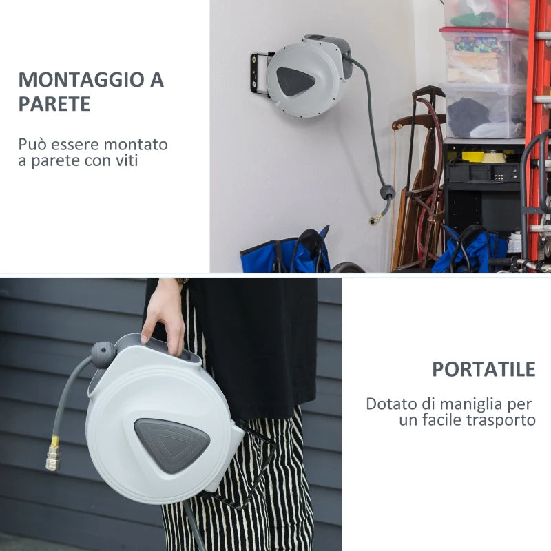 DURHAND Avvolgitubo Automatico 20m + 194cm con Attacco Φ1/4'', Montaggio a Parete e Ruotabile di 180°, Grigio