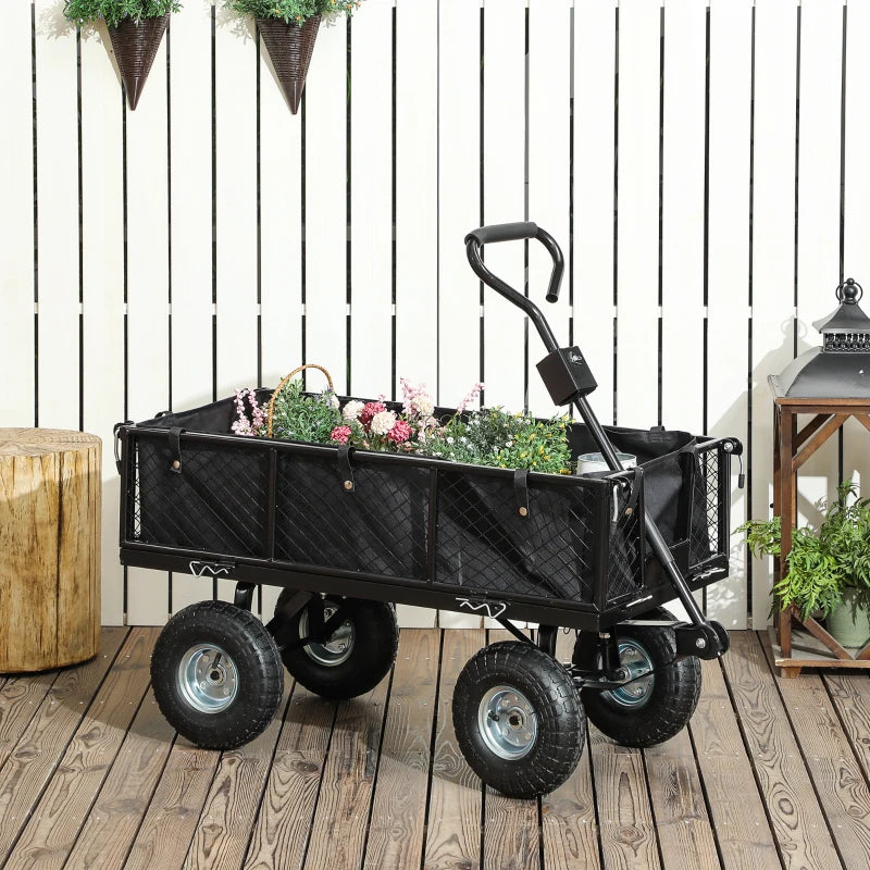 Outsunny Carrello da Giardino in Acciaio da 114L con Sacca Portaoggetti e Pareti Rimovibili, 105x51x54 cm, Nero
