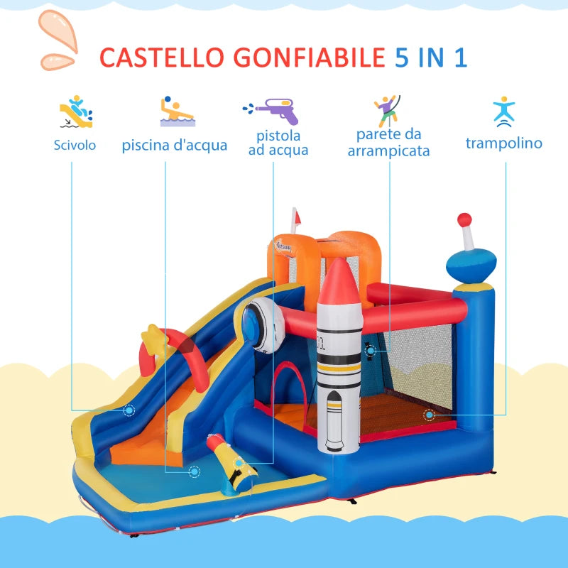 Outsunny Gioco Gonfiabile per Bambini 3-8 Anni a tema Spazio con Borsa, 11 Paletti e Toppe Inclusi, 340x270x227 cm