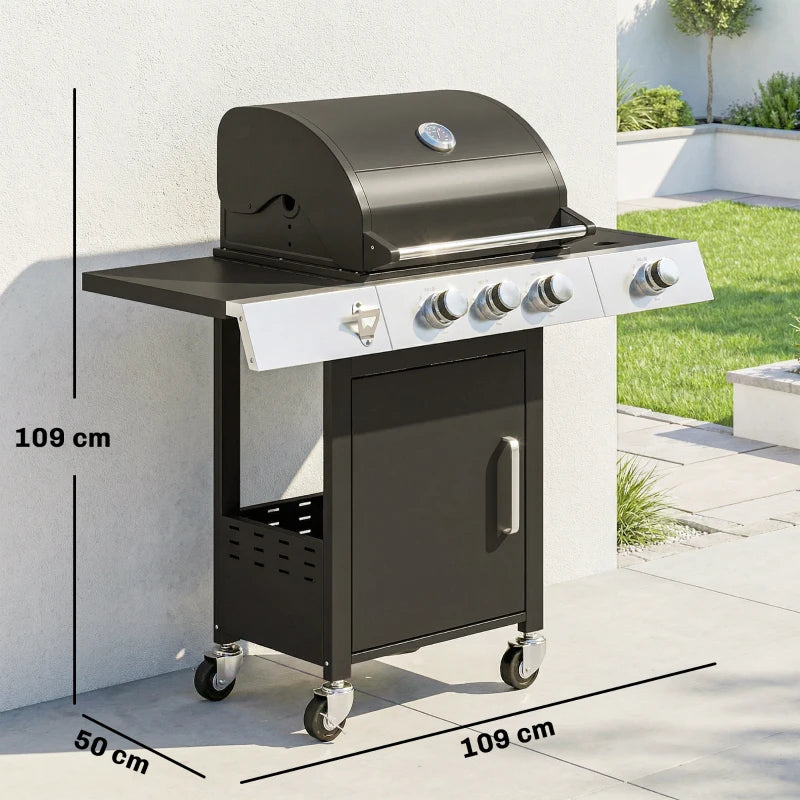 Outsunny Barbecue a Gas con 3 Fuochi e Bruciatore Laterale, 109x50x109 cm, Nero