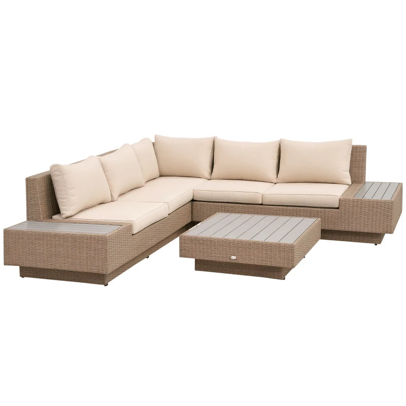 Outsunny Set da Giardino 4 Pezzi in Rattan, Divano Angolare con Cuscini e Tavolini, Nero e Marrone chiaro
