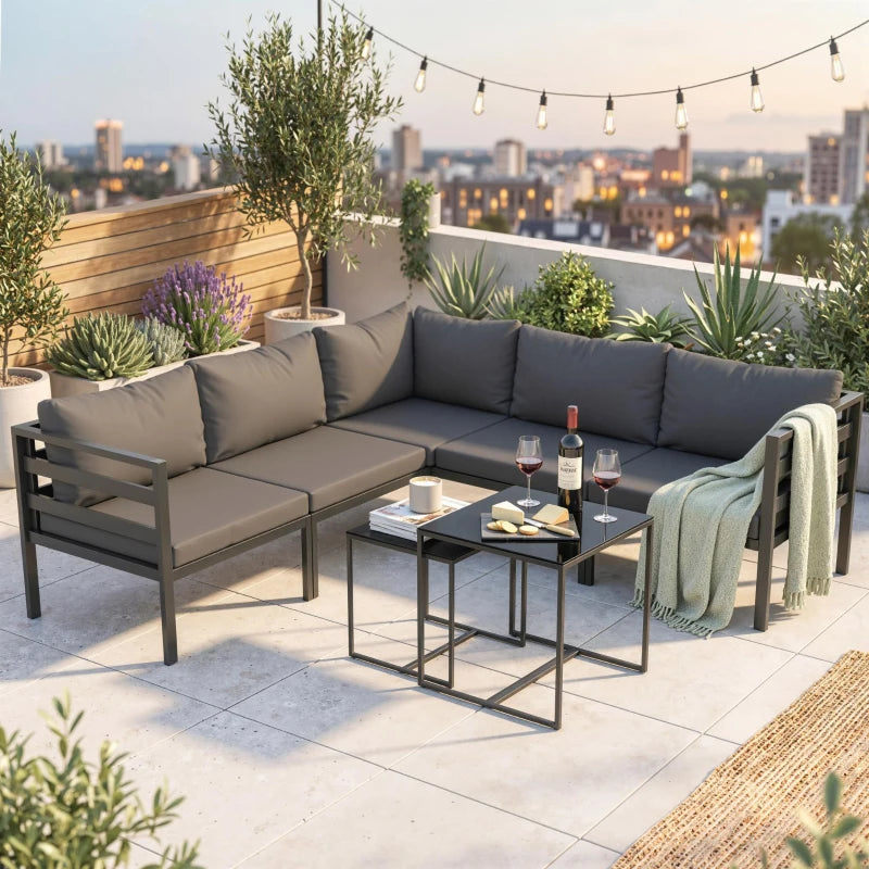 Outsunny Set da Giardino 7 Pezzi in Acciaio e Poliestere con 5 Sedie con Cuscini e 2 Tavolini da Caffè, Grigio
