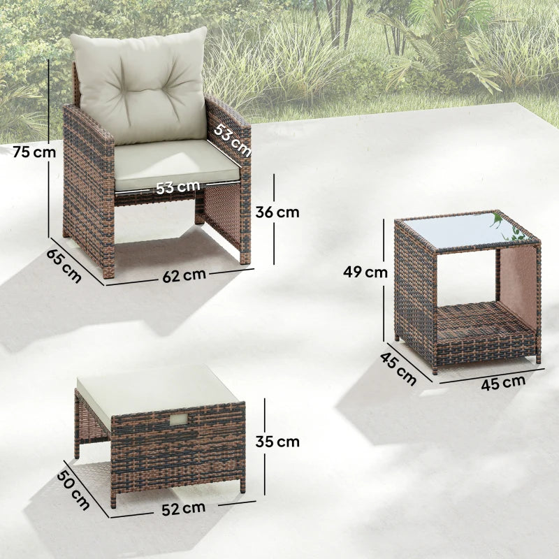 Outsunny Set da Esterno in Rattan e Acciaio 5pz con 2 Pouf, 2 Sedie e Tavolino da Caffè a 2 Livelli, Marrone e Crema