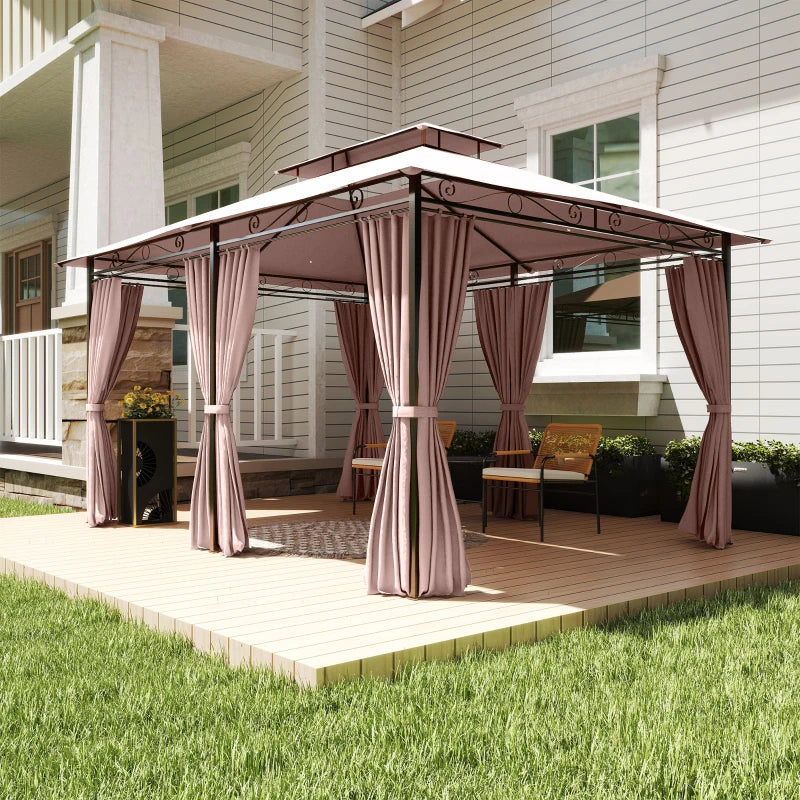 Outsunny Gazebo da Giardino 4x3m con Doppio Tetto e Tende Laterali in Acciaio e Poliestere, Color Cachi