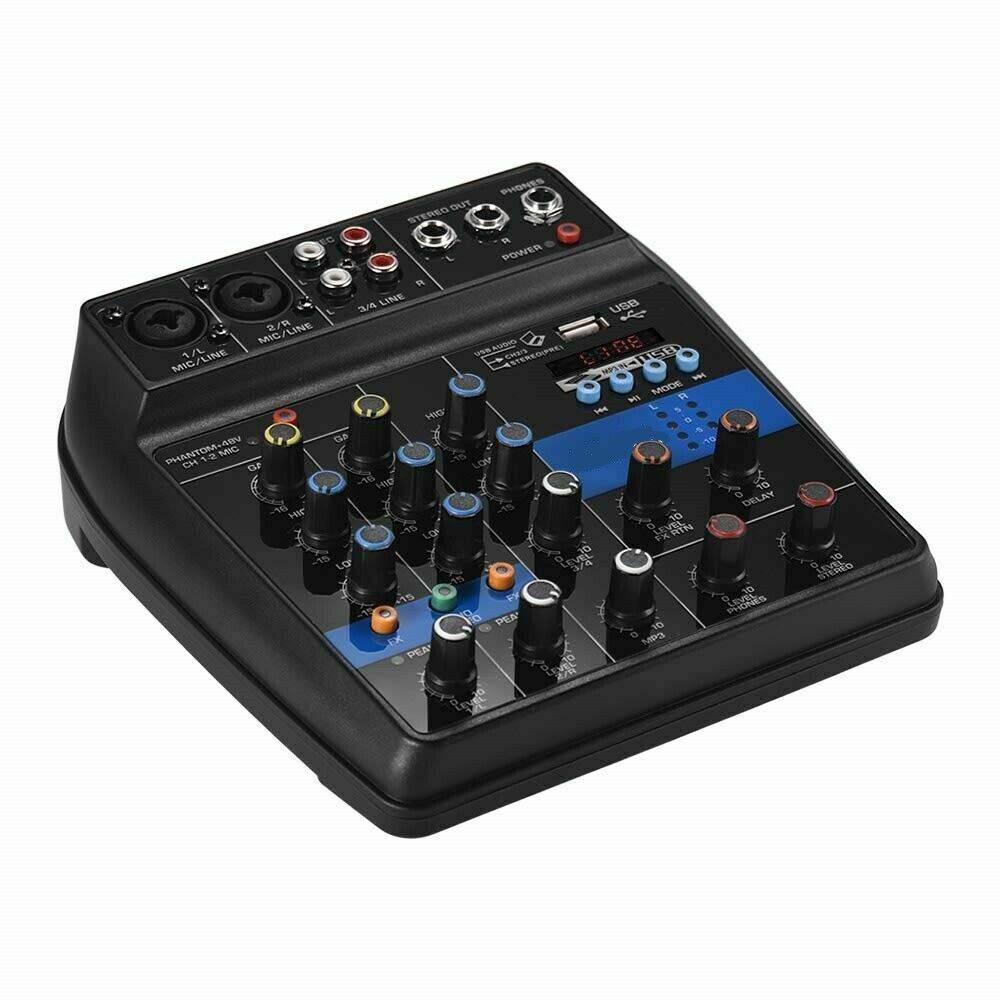 Mixer Audio 4 Canali, Professionale, Supporto Microfono, USB, BT, MP3, DJ Karaoke