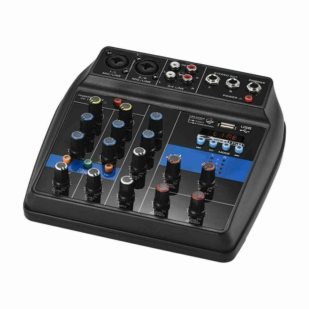 Mixer Audio 4 Canali, Professionale, Supporto Microfono, USB, BT, MP3, DJ Karaoke