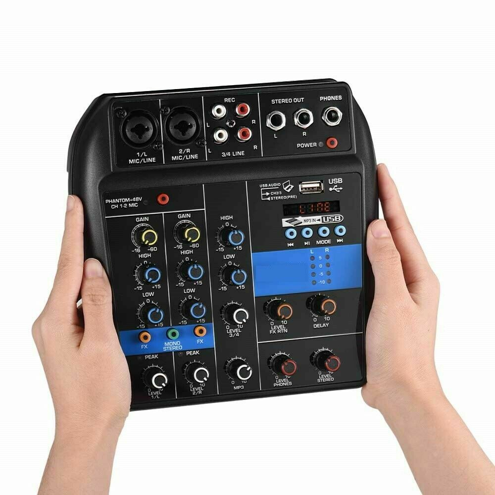 Mixer Audio 4 Canali, Professionale, Supporto Microfono, USB, BT, MP3, DJ Karaoke