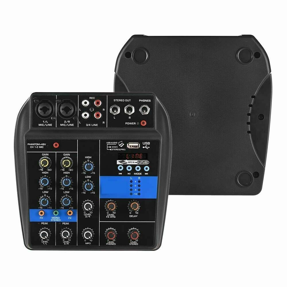 Mixer Audio 4 Canali, Professionale, Supporto Microfono, USB, BT, MP3, DJ Karaoke