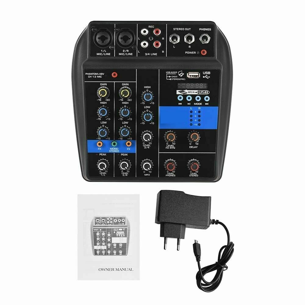 Mixer Audio 4 Canali, Professionale, Supporto Microfono, USB, BT, MP3, DJ Karaoke
