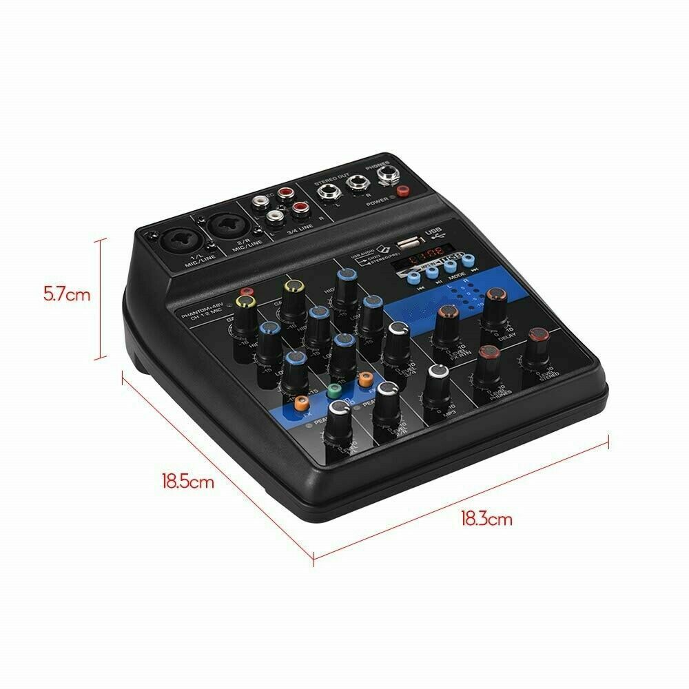 Mixer Audio 4 Canali, Professionale, Supporto Microfono, USB, BT, MP3, DJ Karaoke