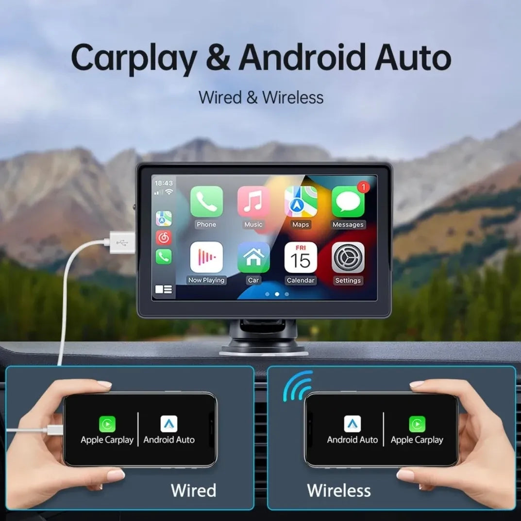 Monitor Universale 7"Pollici, Portatile, Plug and Play, Car Play e Android Auto, BT, Radio