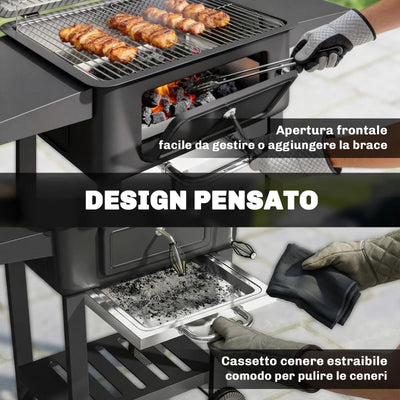 Outsunny Barbecue a Carbone, Affumicatore Portatile con Ventilazione, Termometro e Mensole Laterali, Nero