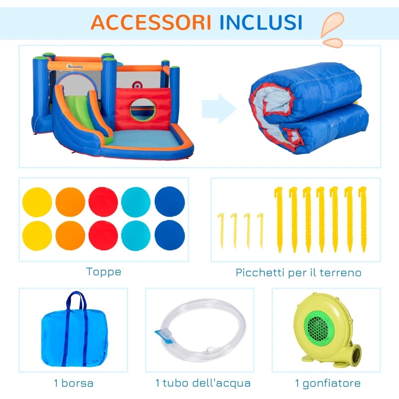 Outsunny Castello Gonfiabile per Bambini 3-8 Anni con Scivolo, Trampolino e Piscina, 380x340x170cm