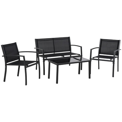Outsunny Salotto da Esterno, Set 4 Pezzi con 1 Tavolino, 2 Sedie da Giardino e 1 Panca in Metallo, Nero