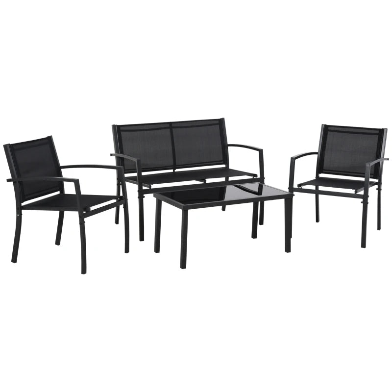 Outsunny Salotto da Esterno, Set 4 Pezzi con 1 Tavolino, 2 Sedie da Giardino e 1 Panca in Metallo, Nero