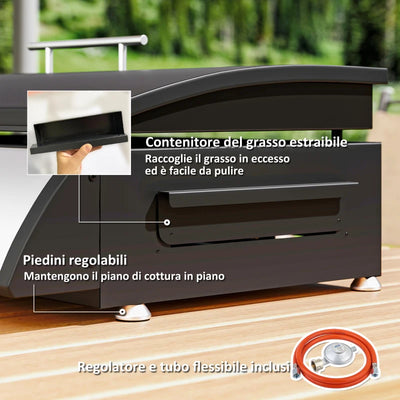Outsunny Piastra a Gas in Acciaio Smaltato con 3 Bruciatori Potenza 7.5kW, 3 Zone di Cottura e Coperchio, Nero