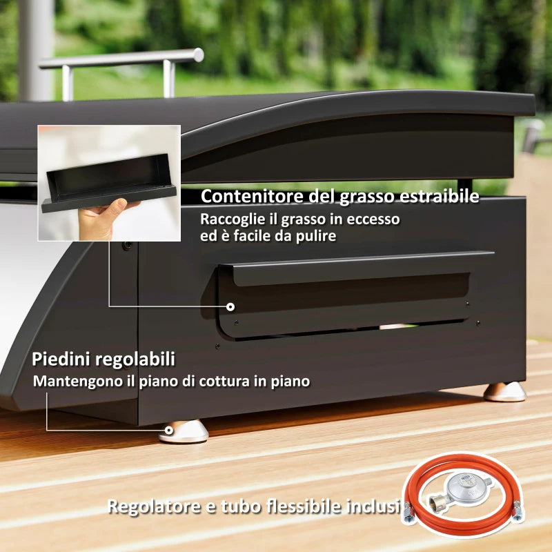 Outsunny Piastra a Gas in Acciaio Smaltato con 3 Bruciatori Potenza 7.5kW, 3 Zone di Cottura e Coperchio, Nero