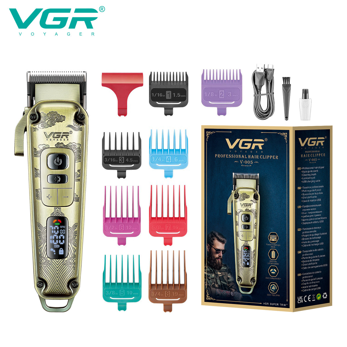 VGR Tagliacapelli Professionale | Barba | Regolabile a 4 velocità | Ricarica | USB | V-005