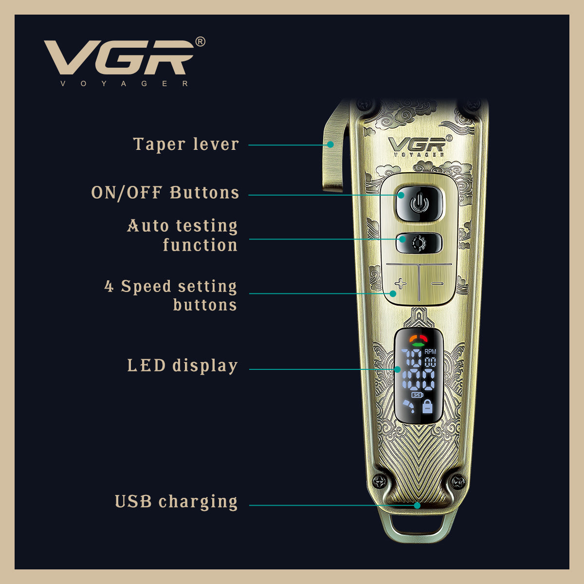 VGR Tagliacapelli Professionale | Barba | Regolabile a 4 velocità | Ricarica | USB | V-005