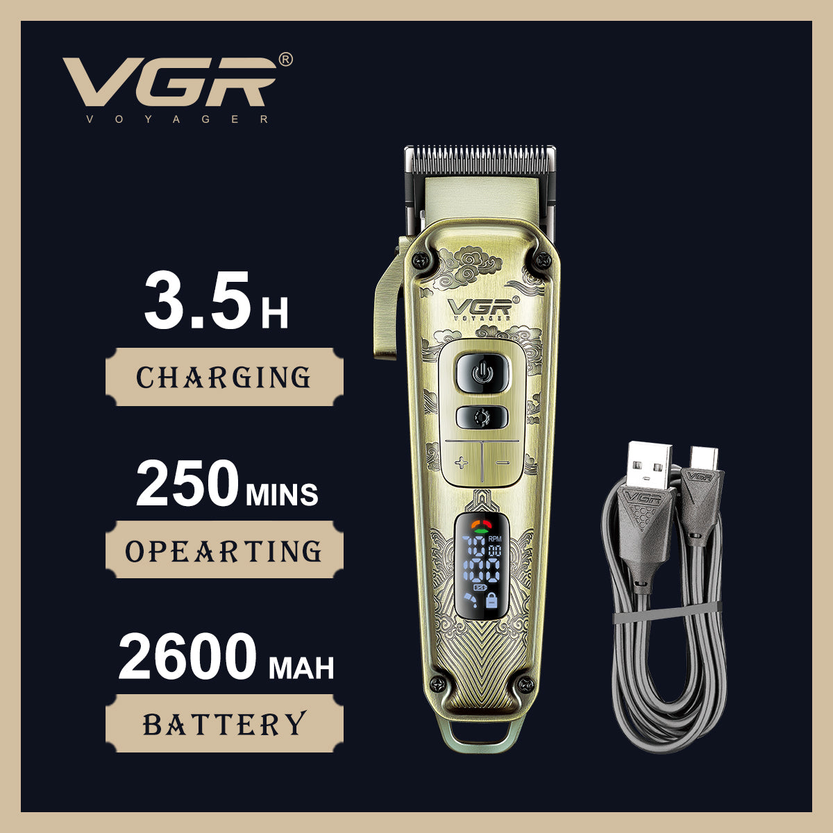 VGR Tagliacapelli Professionale | Barba | Regolabile a 4 velocità | Ricarica | USB | V-005