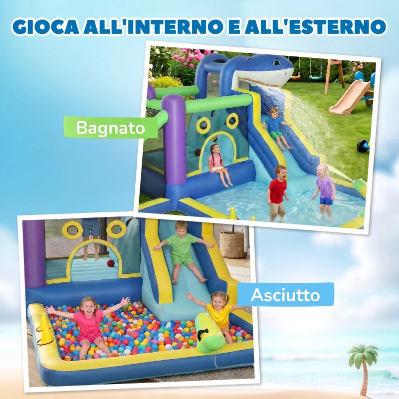 AIYAPLAY Gonfiabile Tema Squali con Scivolo, Piscina/Piscina Palline per Divertimento Bambini all'Aperto