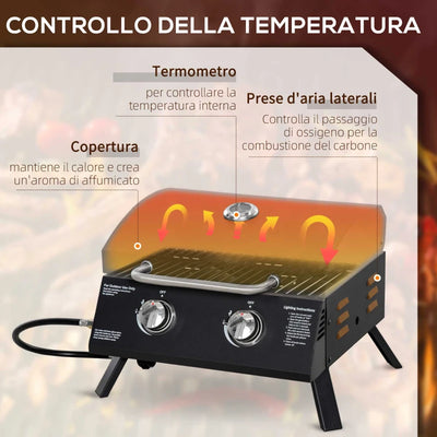 Outsunny Barbecue a Gas Pieghevole con Coperchio, Termometro e 2 Bruciatori in Acciaio, 55x46.5x41 cm, Nero