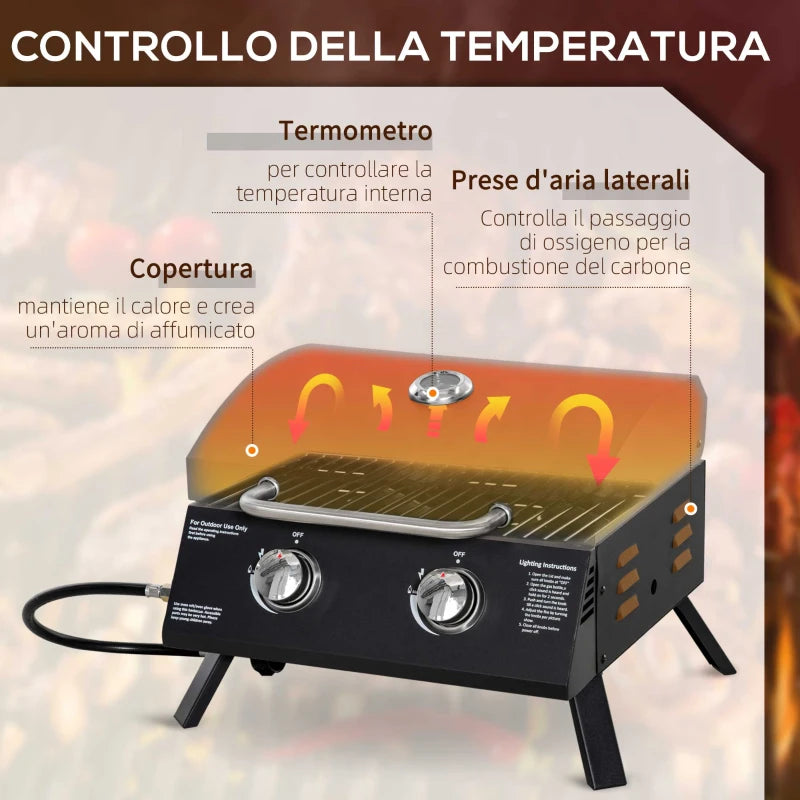Outsunny Barbecue a Gas Pieghevole con Coperchio, Termometro e 2 Bruciatori in Acciaio, 55x46.5x41 cm, Nero