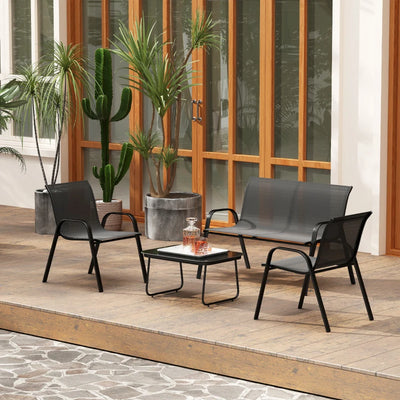 Outsunny Set da Giardino con Divano 2 Posti, 2 Poltrone Impilabili e Tavolino in Vetro, Nero