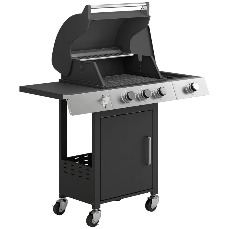 Outsunny Barbecue a Gas con 3 Fuochi e Bruciatore Laterale, 109x50x109 cm, Nero