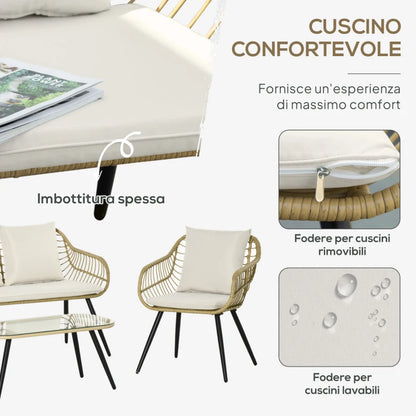 Outsunny Set da Giardino 4 Pezzi con 2 Sedie da Giardino, Divanetto 2 Posti e Tavolino Basso, Naturale e Crema