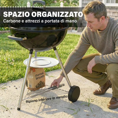 Outsunny barbecue a carbone con griglia esterna rotonda, coperchio, termometro e ruote, Nero